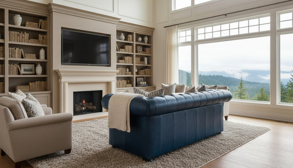 Chesterfield 93 Inch Leather Sofa With Tufted Bench Seat And Nail Trim