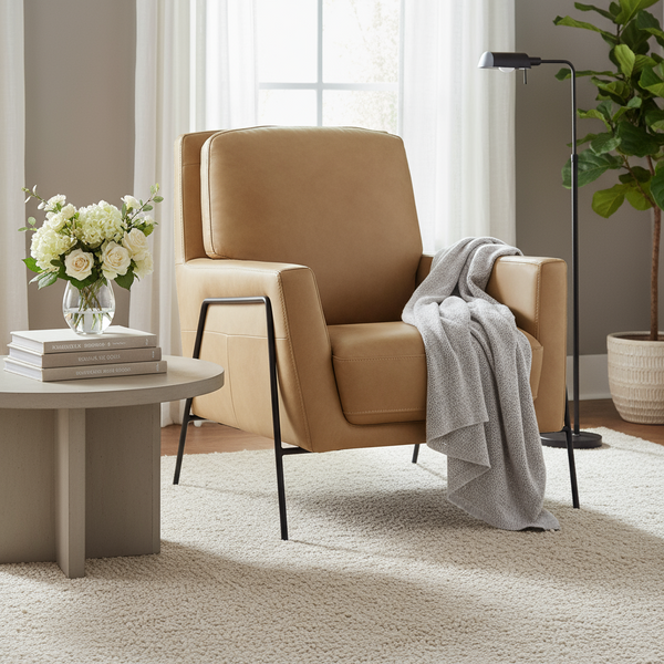 Christopher Sand Leather Quick Ship Modern Accent Chair With Metal Legs