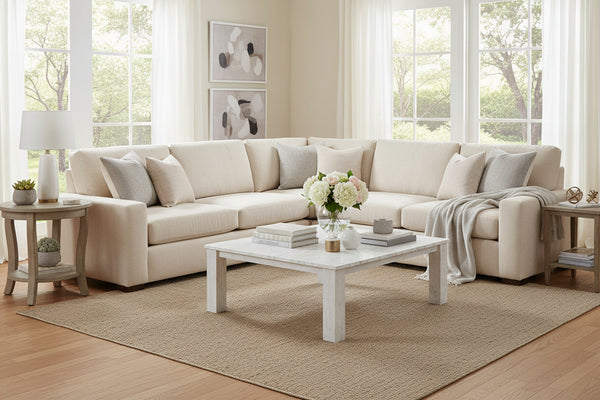 Sadie Cream "Quick Ship" Three Piece Pillow Back Sectional (As Configured)