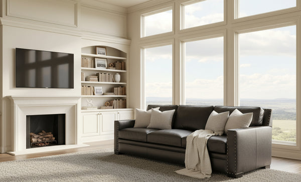 Durango 90 Inch Large Square Arm Leather Pillow Back Couch With Nails