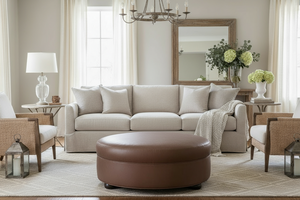 Evan 36", 40", 44", Or 48" Inch Round Leather Ottoman (4 Sizes Available)