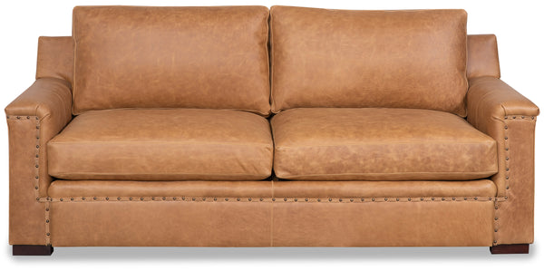 Francisco 86 Inch Two Seat Layered Track Arm Leather Pillow Back Couch With Nails