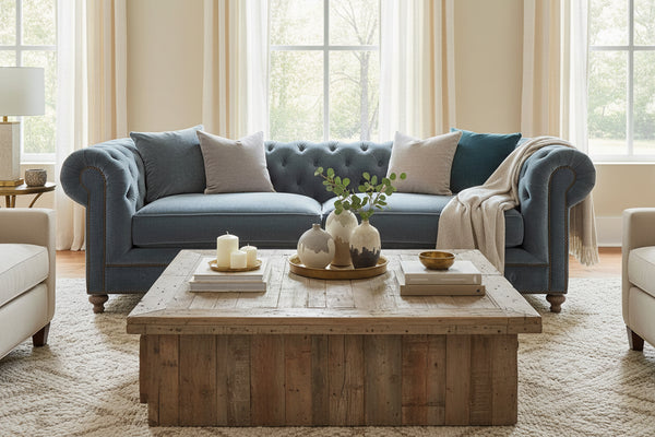 Armstrong Raw Blue 96 Inch Chesterfield "Quick Ship" Sofa