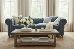 Armstrong Raw Blue 96 Inch Chesterfield "Quick Ship" Sofa