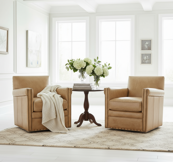 Herbert SWIVEL Batiste Sepia "Quick Ship" Traditional Tight Back Leather Accent Chair With Nail Trim