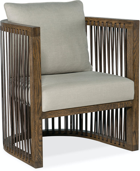 Hudson Taupe Fabric Accent Chair With Decorative Leather Strapping And