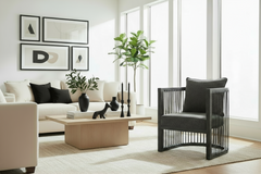 Hudson Kohl "Quick Ship" Fabric Accent Chair With Leather Strapping & Charcoal Black Frame