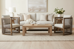 Hudson Taupe Fabric Accent Chair With Decorative Leather Strapping And Warm Oak Frame