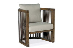 Hudson Taupe Fabric Accent Chair With Decorative Leather Strapping And Warm Oak Frame