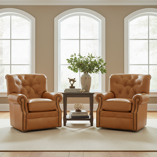 Irving Leather Tufted SWIVEL Accent Chair With Nail Trim