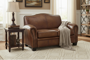 Jonathan Leather Tight Camelback Loveseat With Nail Head Trim