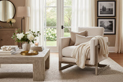 Conley "Quick Ship" Cream Fabric Accent Chair With Decorative Wood Base