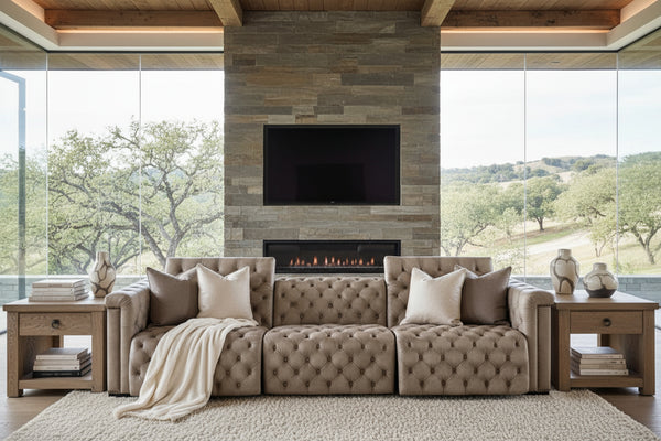 Savion Taupe Chesterfield 124 Inch "Quick Ship" Wall Hugger Power Leather Reclining Sofa