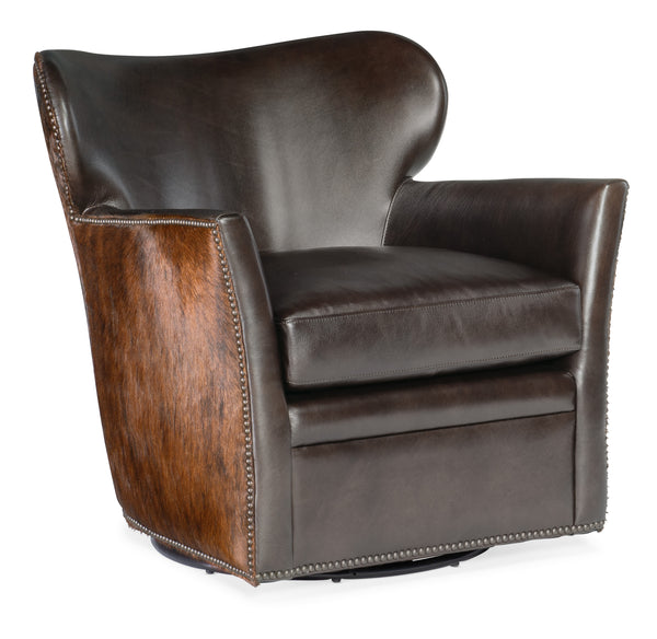 Simpson Dark Brindle Leather Swivel Quick Ship Brown Hair On Hide Accent Chair - OUT OF STOCK 12/31/23