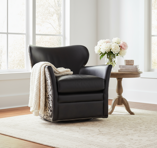Simpson Legendary Graphite Leather Swivel Quick Ship Salt & Pepper Hair On Hide Accent Chair