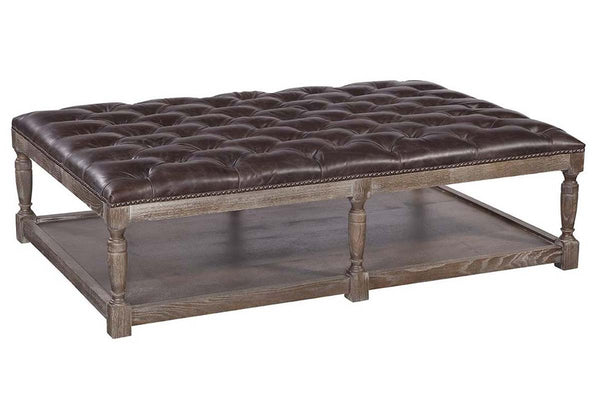 Thomas Rectangular "Quick Ship" Tufted Leather Upholstered Coffee Table Ottoman With Wood Storage Base