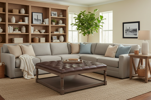 Thomas Square "Quick Ship" Tufted Leather Coffee Table Ottoman With Wood Storage Base-OUT OF STOCK UNTIL 12/25/25