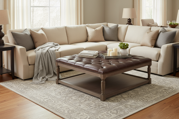 Thomas Square "Quick Ship" Tufted Leather Coffee Table Ottoman With Wood Storage Base-OUT OF STOCK UNTIL 12/25/25