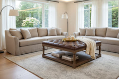 Thomas 42 Inch Square "Quick Ship" Tufted Leather Coffee Table Ottoman With Wood Storage Base