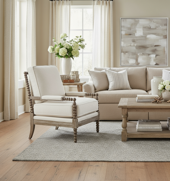 Viola Parchment Fabric Accent Chair With Decorative Wood Base