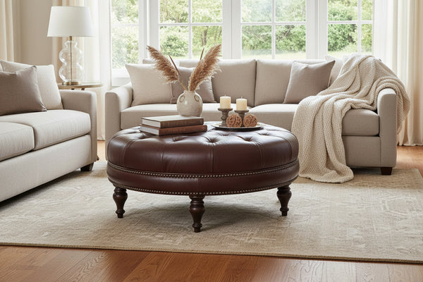 Alder Tufted 36", 42" Or 46" Inch Round Leather Ottoman (3 Sizes Available)