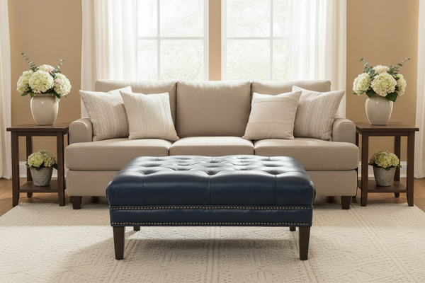 Ames Tufted 36", 42" Or 46" Inch Square Leather Ottoman (3 Sizes Available)