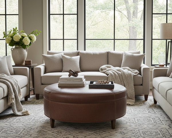 Andover "Ready To Ship" 40 Inch Round Leather Bench Ottoman (Photo For Style Only)