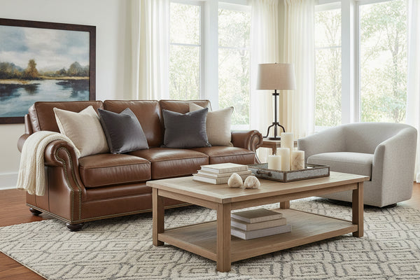 Anthony 84 Inch Traditional Three Cushion Pillow Back Leather Sofa
