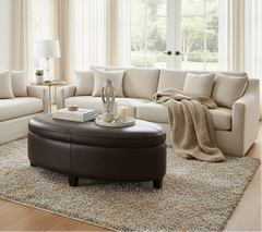 Avery 49 Inch Long Oval Leather STORAGE Coffee Table Ottoman