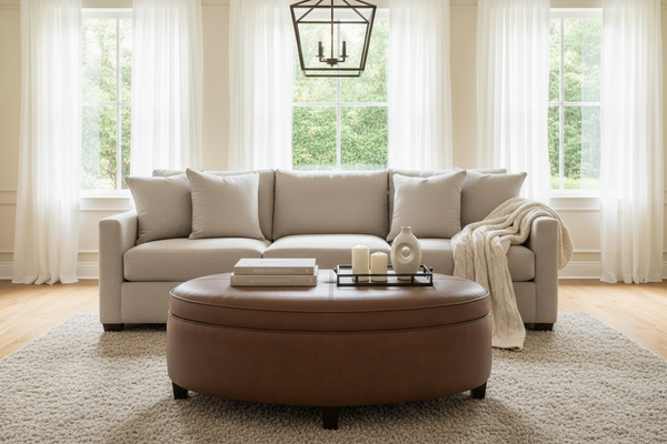 Avery 49 Inch Long Oval Leather STORAGE Coffee Table Ottoman