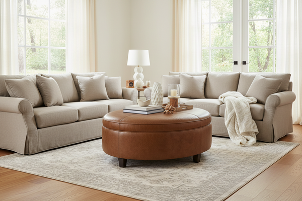 Avery 49 Inch Long Oval Leather STORAGE Coffee Table Ottoman
