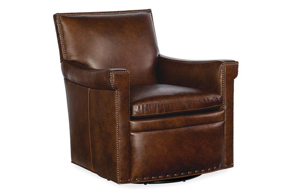 Baker Caramel SWIVEL Quick Ship Leather Tight Back Accent Chair