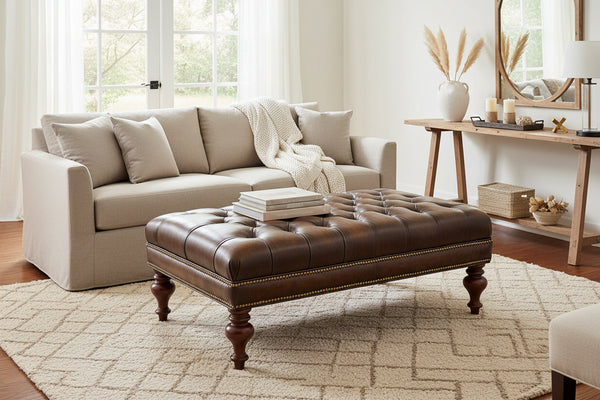 Bentley "Quick Ship" 48 Inch Long Tufted Leather Coffee Table With Nail Trim - Out Of Stock Until 8/01/26