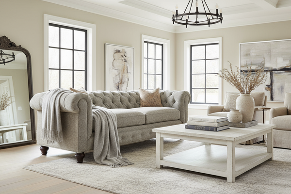 Bowen Traditional 86 Inch 8-Way Hand Tied Tufted Fabric Chesterfield Sofa