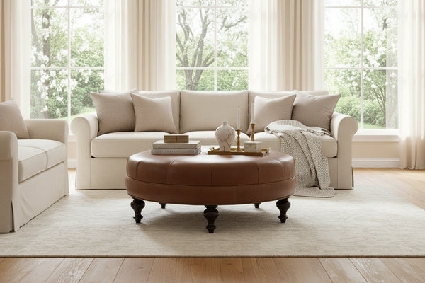 Carver 42 Inch Round Center Button Ottoman With Turned Legs