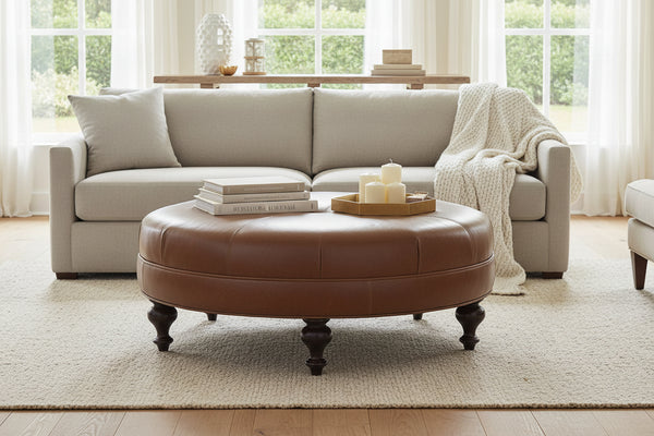 Carver 42 Inch Round Center Button Ottoman With Turned Legs