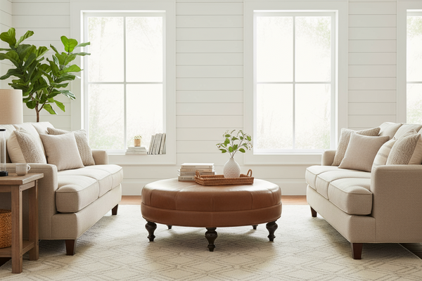 Carver 42 Inch Round Center Button Ottoman With Turned Legs