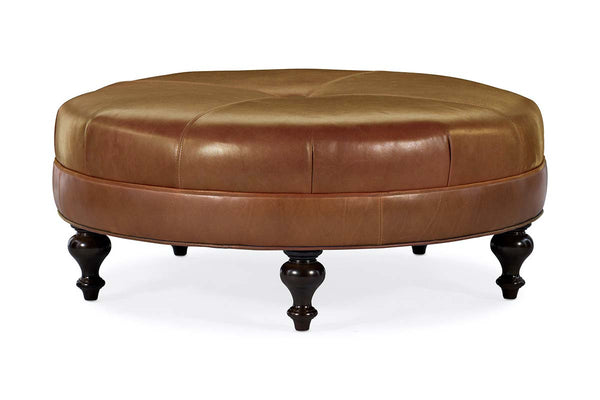 Carver 42 Inch Round Center Button Ottoman With Turned Legs