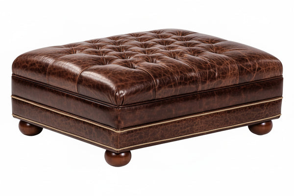 Chesterfield Tufted Leather Footstool Ottoman With Nail Trim
