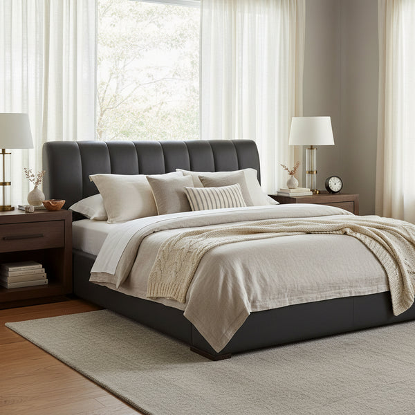 Ciro Queen & King Modern Leather Ribbed Headboard Platform Bed