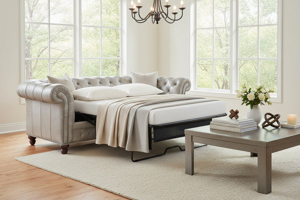 Colburn 94 Inch Chesterfield Tufted Leather Queen Sleeper Sofa