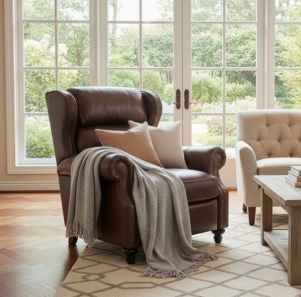 Douglas "BIG MAN" Leather Bustle Wing Back Recliner With Nailhead Trim
