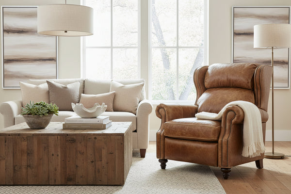 Douglas "BIG MAN" Leather Bustle Wing Back Recliner With Nailhead Trim