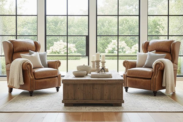 Douglas "BIG MAN" Leather Bustle Wing Back Recliner With Nailhead Trim