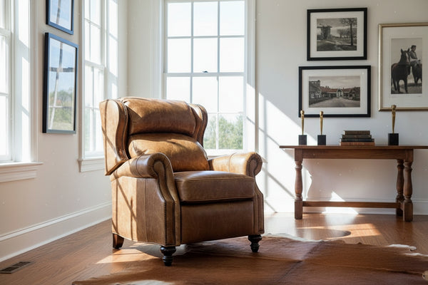 Douglas "BIG MAN" Leather Bustle Wing Back Recliner With Nailhead Trim