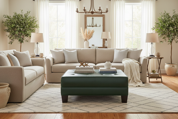 Drew 42 Inch Square Large Leather Upholstered Ottoman Coffee Table