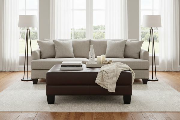 Drew 42 Inch Square Large Leather Upholstered Ottoman Coffee Table