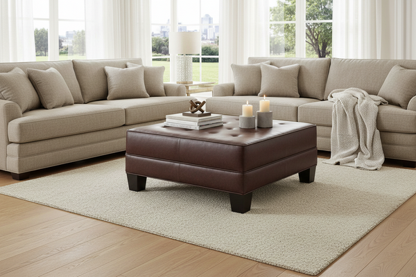 Drew 42 Inch Square Large Leather Upholstered Ottoman Coffee Table
