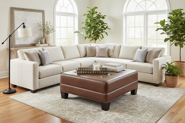 Drew 42 Inch Square Large Leather Upholstered Ottoman Coffee Table