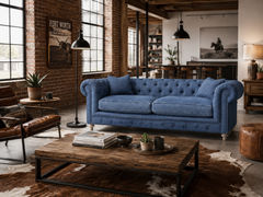 Armstrong 96 Inch Chesterfield "Quick Ship" Sofa In Blue Denim